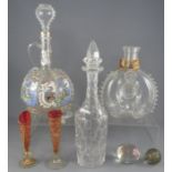 A group of mainly nineteenth century glass ware. To include: a cut glass decanter, two slender vases