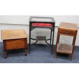 An Edwardian bijouterie table (at fault), a 1930's night stand and a Victorian mahogany commode
