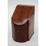 A George III mahogany, satinwood strung knife box of break bow front form with vacant interior, 39cm