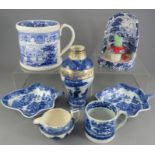 A group of early nineteenth century blue and white transfer printed wares. To include:  two Flying
