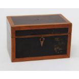 An early 19th century rosewood, satinwood crossbanded tea caddy, with covered two division interior,