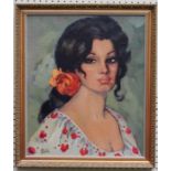 Boro, mid 20th century Spanish School, bust length portrait of a beauty, with rose tied hair. Oil on