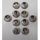 A set of ten French porcelain buttons featuring handpainted portraits of ladies circa late 19th/