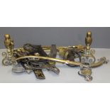 A good mixed lot of Victorian and other metalwares, including a brass fire curb, companion stands