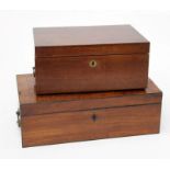 An early 19th century mahogany writing slope with crossbanded top and side carry handles, 46cm