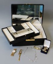 Collection of watches and costume jewellery to include a large leather jewellery box and a Swarovski