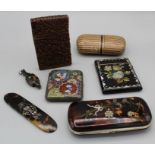 A collector's lot to include: Asian carved cinnabar card card case; papier mache glasses case,