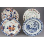 A group of four eighteenth century hand-painted Chinese porcelain blue and white and famille rose