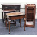 An early 19th century oak side table fitted single drawer, 74cm wide, an Edwardian beech stick