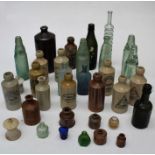 Box of assorted bottles to include vintage glass cob bottles and various glazed earthenware ginger