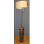 An early 20th century standard lamp with brass studded and coopered pine cylindrical base, 182cm