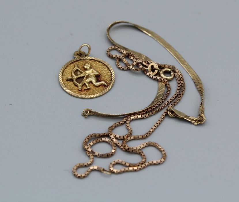 A 9ct gold box chain, plus a yellow metal herringbone bracelet as found, unmarked but testing as 9ct