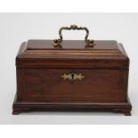 A George III mahogany, chequer strung tea caddy with three division covered interior, on later