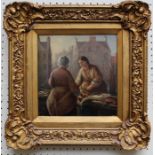 Indistinctly signed gilt framed oil on board Fisherwomen, 23 x 22cm