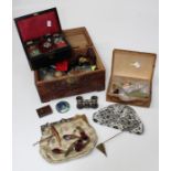 A camphor box, an antique leather jewellery box plus a painted art nouveau style wooden box