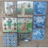 A group of earthen ware tiles. To include: three tin glazed blue and manganese eighteenth century