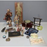 A good mixed lot of collectors items, including carved wood and other figures, lead rat pin cushion,