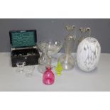 A good mixed lot of glassware, including a 19th century wasp trap, decanters, a collection of
