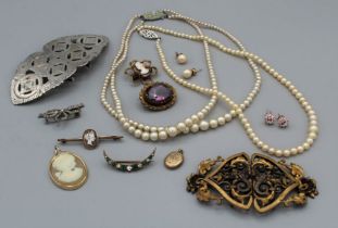A collection of late 19th /early 20th century costume jewellery to include chains, cameos, an