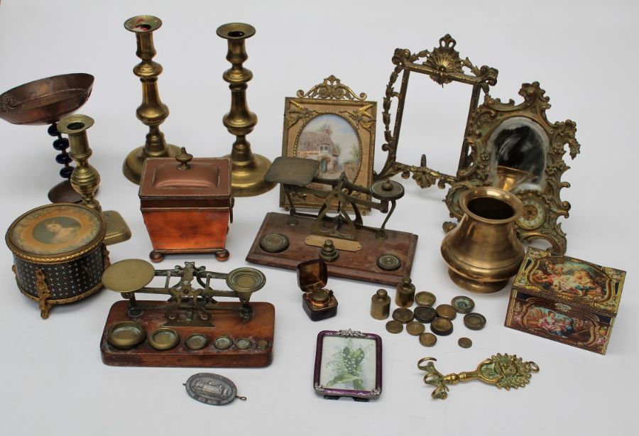 Two sets of Edwardian postal scales, an early Victorian copper tea caddy, clock mounted Rococco type