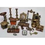 Two sets of Edwardian postal scales, an early Victorian copper tea caddy, clock mounted Rococco type