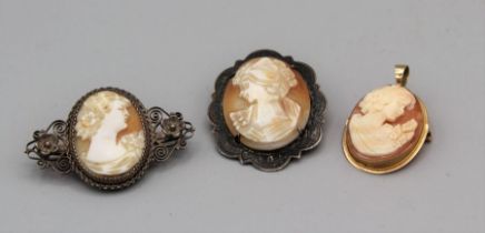 A trio of shell cameos. A 9ct gold set pendant/brooch, gross weight approx 3.7gm plus a sterling