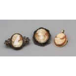 A trio of shell cameos. A 9ct gold set pendant/brooch, gross weight approx 3.7gm plus a sterling