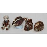 Four Royal Crown Derby paperweights, each with gold stopper. Fawn, Armadillo, a seated bear and a