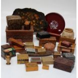 A collection of lacquer, burr wood, carved and other tourist ware boxes and  other similar wares