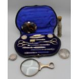 A collection of silver to include: an Edwardian 10 piece cased silver mounted manicure set,