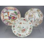 A group of three hand-painted Chinese porcelain famille rose plates, c. 1760-80. To include: a