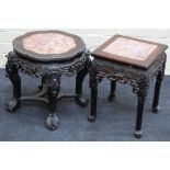 Two late 19th century/early 20th century Chinese rosewood marble top low tables, one with beaded