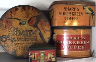 Vintage Sharpe’s Toffee Tins including one money box (4). please study images.