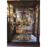 Original vintage shop counter display cabinet, wooden frame, glass on all four sides, two glass