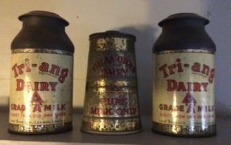 Vintage tinplate Milk Churns made in England by Triang. One c1940, two 1950’s.   please study