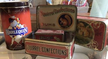 Vintage confectionery tins to include SquirrelGums, Thornes Toffee and Terry’s Harlequin . (4)