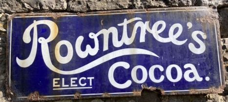 Enamel Sign: original Rowntree’s Cocoa enamel sign, measuring 36 x 15 inches. Usual chips to enamel,