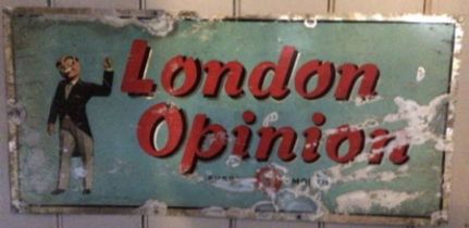 Tin sign: London Opinion. Some damage as shown. Measures 24 x 11 inches.  Please study pictures.
