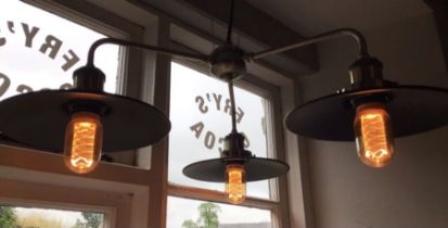 Vintage style brass effect light fitting with three lights. Very good condition.  Please study