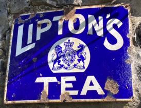 Enamel sign: original Lipton’s Tea sign, measuring 16 x 13 inches. Usual damage, chipped enamel,