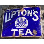 Enamel sign: original Lipton’s Tea sign, measuring 16 x 13 inches. Usual damage, chipped enamel,