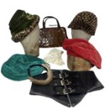 vintage accessories to include a floppy red velvet Harrod's beret, a green velvet and faux leopard