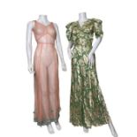 1930s eveningwear to include a pink rayon mesh slip dress, a peach lace bolero, a mint green and