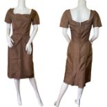 1950s milk chocolate silk cocktail dress by Ceil Chapman. 26.5 inch/ 68cm waist (1) The dress is