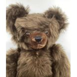 American Knickerbocker  1940s USA 20” Chocolate  Brown deep pile fur Teddy Bear with Glass Amber