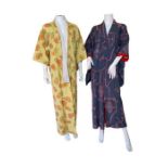 two vintage kimonos. one with a red and shell pink lining, and one unlined (this is a juban meant to