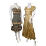 A pale gold 1930s charmeuse gown with beading, a 50s/60s pewter and gold strapless dress with