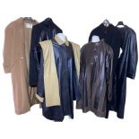 5 vintage coats and a leather front cardigan to include 3 leather, one with a hood, and two wool-