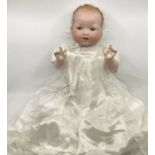 Antique A Marseille 23” Bisque Head 351/8K large baby  Pram Mannequin doll in vintage gown white net
