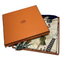 A Hermes silk scarf in its original box. Drambuie design by Peter Ledoux. Good condition, a faint